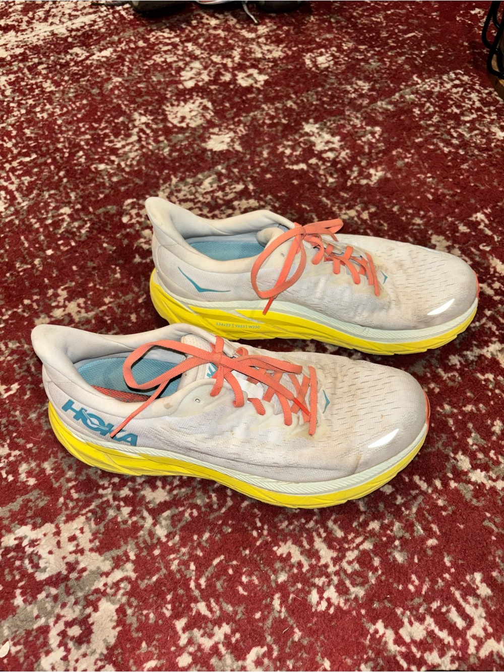 Hoka White Running Sneakers with Yellow Midsole and Coral Laces